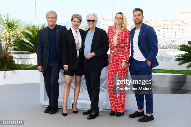 Viggo Mortensen, Lea Seydoux, Director David Cronenberg, Kristen Stewart and Scott Speedman attend the photocall for "Crimes Of The Future" during...