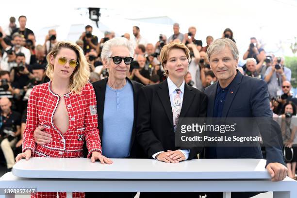 Kristen Stewart, Director David Cronenberg, Lea Seydoux and Viggo Mortensen attend the photocall for "Crimes Of The Future" during the 75th annual...