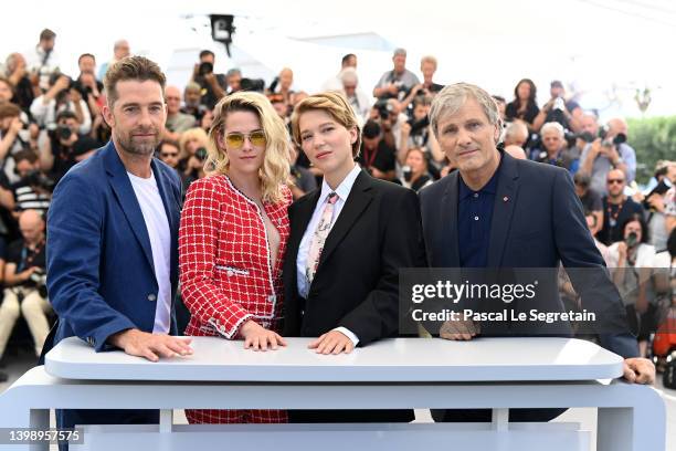 Scott Speedman, Kristen Stewart, Lea Seydoux and Viggo Mortensen attend the photocall for "Crimes Of The Future" during the 75th annual Cannes film...