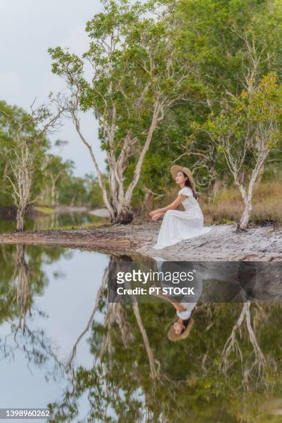a woman wearing a hat in a white dress sits by the water. it is surrounded by many trees and has water reflections. - women in see through dresses stock-fotos und bilder