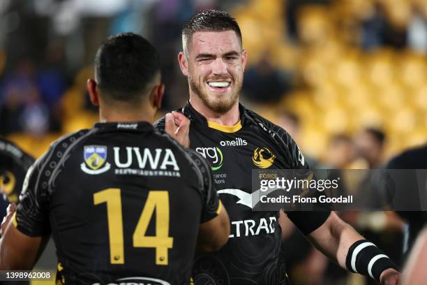 Fergus Lee-Warner of Western Force celebrates the win during the round 10 Super Rugby Pacific match between the Moana Pasifika and the Western Force...