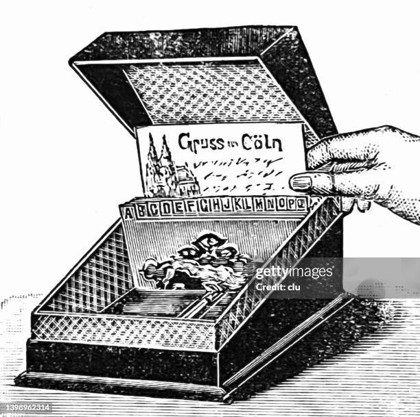 postcards collection box - hands opening box stock illustrations