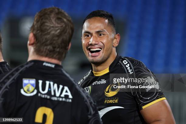 Toni Pulu of Western Force celebrates the win during the round 10 Super Rugby Pacific match between the Moana Pasifika and the Western Force at Mt...