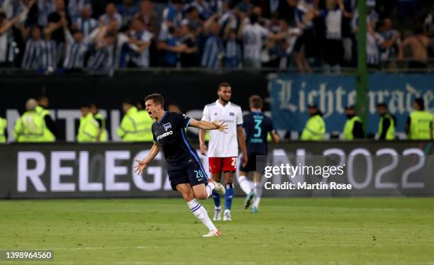 Marc Oliver Kempf of Hertha Berlin celebrates their team's victory at full-time after during the Bundesliga Playoffs Leg Two match between Hamburger...