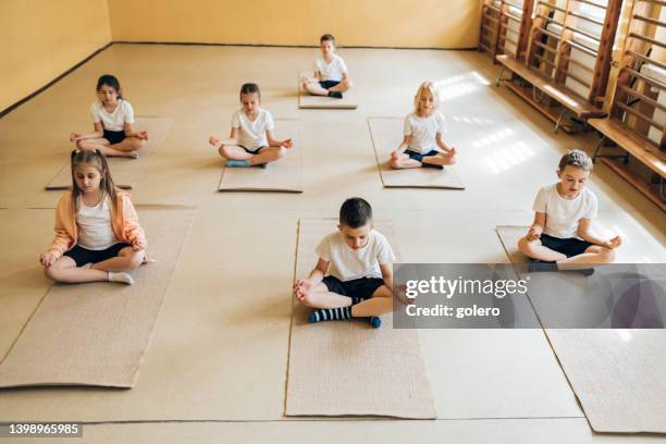 elementary school children doing yoga in gym - child yoga elevated view stock pictures, royalty-free photos & images