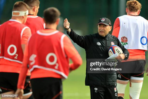 Eddie Jones, Head Coach of England leads a training session during a England Training Session on May 24, 2022 in Chiswick, England.