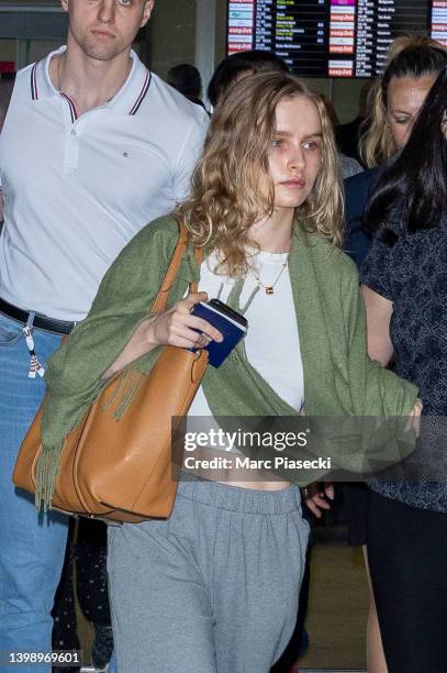 Actress Olivia DeJonge is seen arriving ahead of the 75th annual Cannes film festival at Nice Airport on May 24, 2022 in Nice, France.