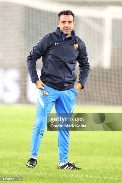 Barcelona Coach Xavi Hernandez looks on during an FC Barcelona training session at Accor Stadium on May 24, 2022 in Sydney, Australia.