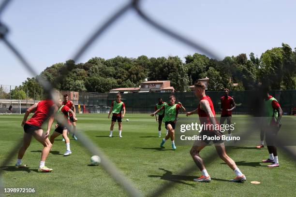 Roma players in action during a AS Roma Training Session at Arena Kombetare on May 24, 2022 in Tirana, Albania. AS Roma will face Feyenoord in the...