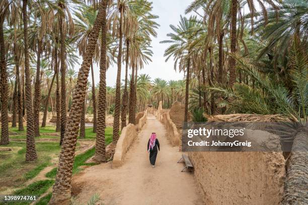 middle eastern man walking through date palm grove - saudi arabia national day stock pictures, royalty-free photos & images