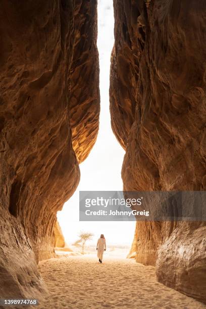 late 20s saudi man walking through the siq, east of al-ula - saudi arabia desert stock pictures, royalty-free photos & images