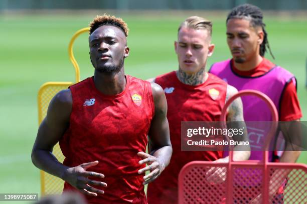 Tammy Abraham of AS Roma warms up during a AS Roma Training Session at Arena Kombetare on May 24, 2022 in Tirana, Albania. AS Roma will face...