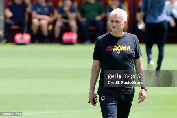 Jose Mourinho, Head Coach of AS Roma looks on during a AS Roma Training Session at Arena Kombetare on May 24, 2022 in Tirana, Albania. AS Roma will...