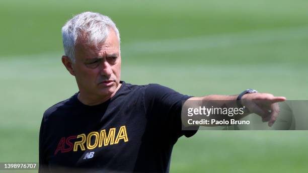 Jose Mourinho, Head Coach of AS Roma reacts during a AS Roma Training Session at Arena Kombetare on May 24, 2022 in Tirana, Albania. AS Roma will...