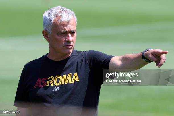 Jose Mourinho, Head Coach of AS Roma reacts during a AS Roma Training Session at Arena Kombetare on May 24, 2022 in Tirana, Albania. AS Roma will...