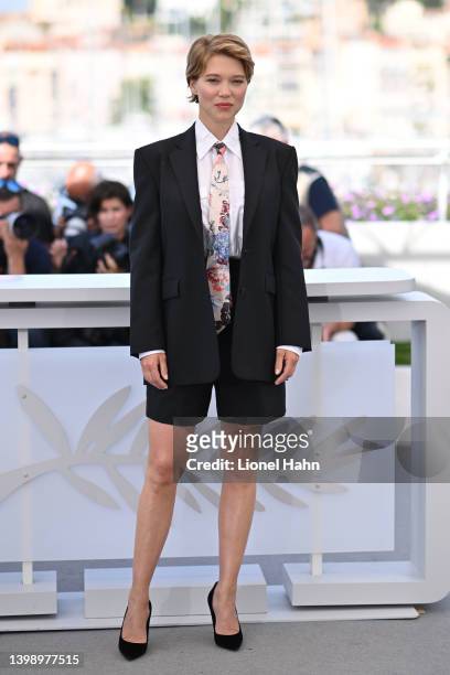 Lea Seydoux attends the photocall for "Crimes Of The Future" during the 75th annual Cannes film festival at Palais des Festivals on May 24, 2022 in...