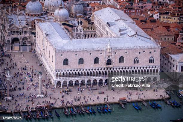 Aerial view, from a helicopter, of the Doge's Palace on September 11, 2019 in Venice, Italy. Italy's nearly 8000 km coastlines and islands stretch...