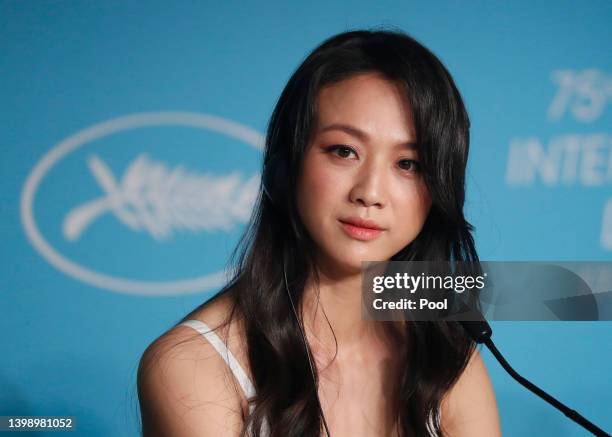 Tang Wei attends the press conference for "Decision To Leave " during the 75th annual Cannes film festival at Palais des Festivals on May 24, 2022 in...