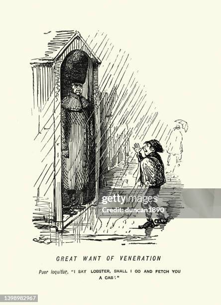 victorian caricature cartoon of naughty boy pulling faces at one of the queen's guards, john leech 1850s, 19th century - palace guard stock illustrations