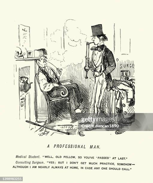 victorian caricature cartoon medical student smoking with consulting surgeon, john leech, 1850s, 19th century - med students stock illustrations