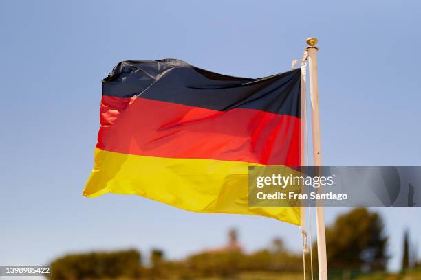 Germany flag is seen during a training session of the German national soccer team on May 24, 2022 in Marbella, Spain.