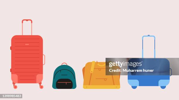 ilustraciones, imágenes clip art, dibujos animados e iconos de stock de colorida ilustración vectorial de maleta, bolsa de viaje, bolsa de gimnasio, mochila. - gym bag