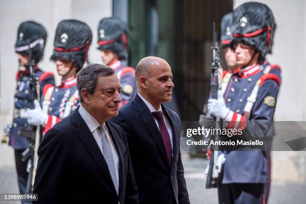 Italian Prime Minister Mario Draghi meets Prime Minister of North Macedonia Dimitar Kovacevski before their meeting at Palazzo Chigi, on May 24, 2022...