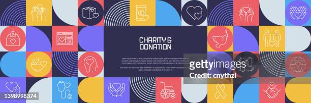 charity and donation related design with line icons. simple outline symbol icons. - non profit organization stock illustrations