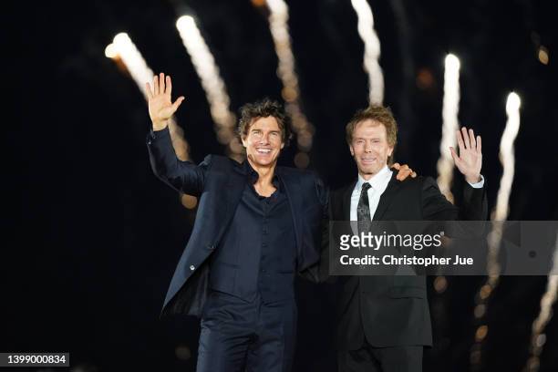 Actor Tom Cruise and Producer Jerry Bruckheimer pose on the red carpet for the Japan Premiere of "Top Gun: Maverick" at Osanbashi Yokohama on May 24,...