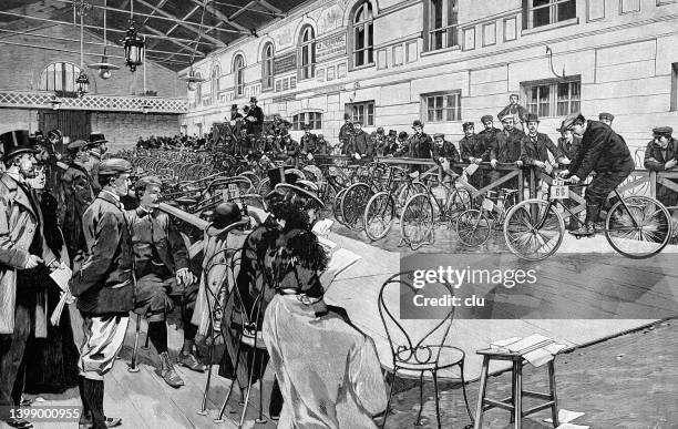 stockillustraties, clipart, cartoons en iconen met presentation and sale of bicycles in paris in a big exhibition hall - 1899