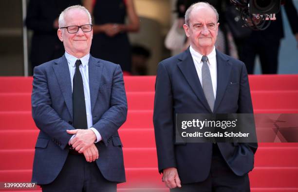 Cannes Festival chief Thierry Fremaux and president of festival Pierre Lescure attend the screening of "Tori And Lokita" during the 75th annual...