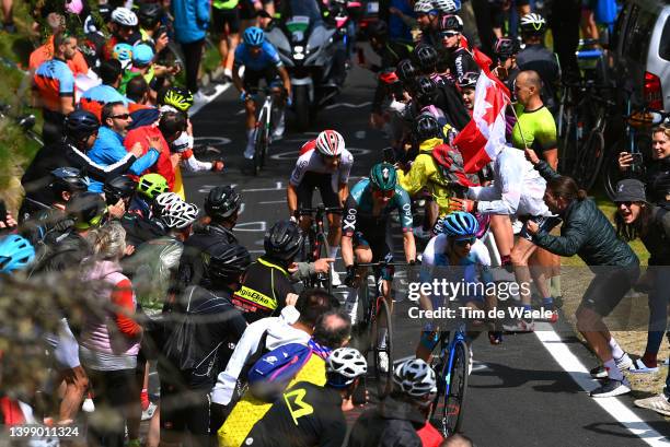 Guillaume Martin of France and Team Cofidis, Wilco Kelderman of Netherlands and Team Bora - Hansgrohe and Simon Yates of United Kingdom and Team...