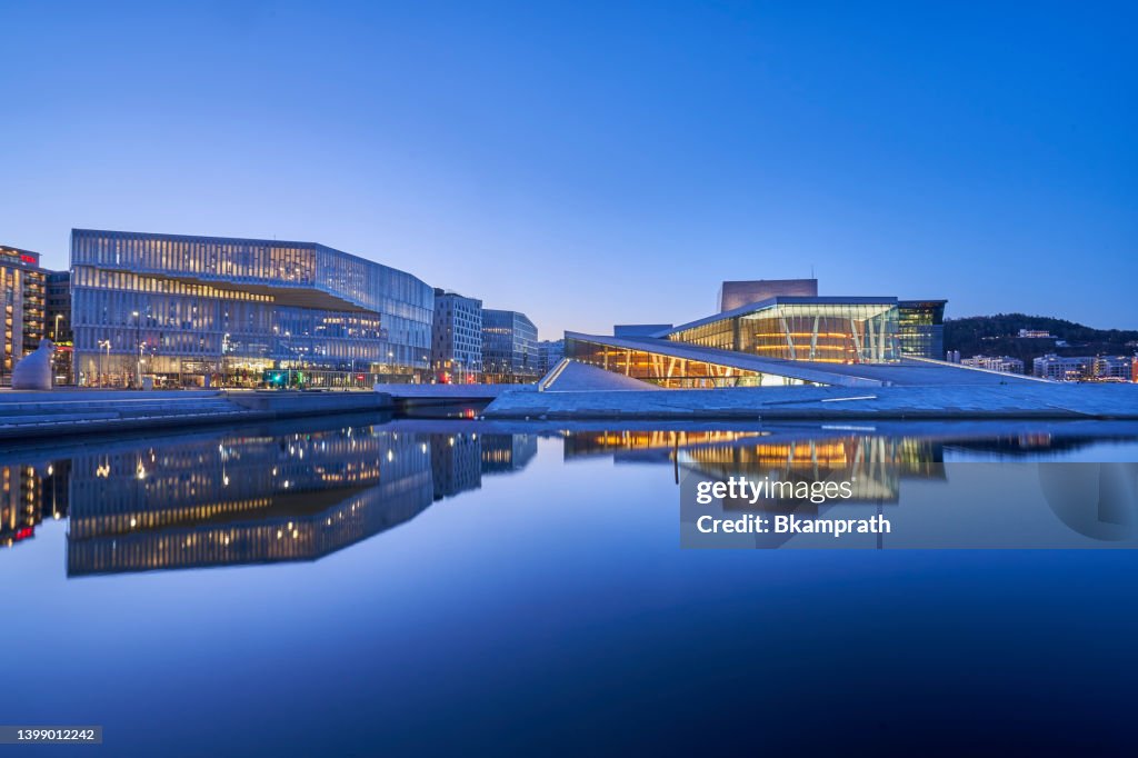 Oslo's Bjorvika (Inner Harbor) during Sunrise with the Calm Water Reflecting the Famous Oslo Opera House in Norway Europe
