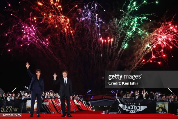 Actor Tom Cruise and producer Jerry Bruckheimer pose on the red carpet for the Japan Premiere of "Top Gun: Maverick" at Osanbashi Yokohama on May 24,...