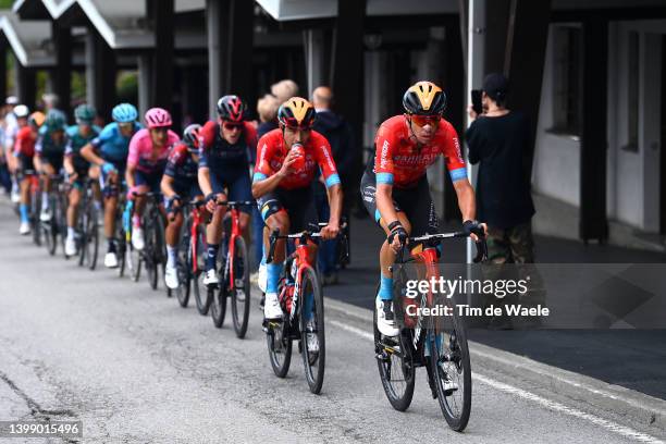 Domen Novak of Slovenia and Team Bahrain Victorious competes during the 105th Giro d'Italia 2022, Stage 16 a 202km stage from Salò to Aprica 1173m /...