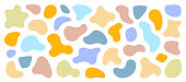 Organic shapes. Various Color blotches, abstract irregular random blobs. Pebble stone silhouette, simple liquid amorphous splodge, creative pastel pattern, colorful water forms vector set