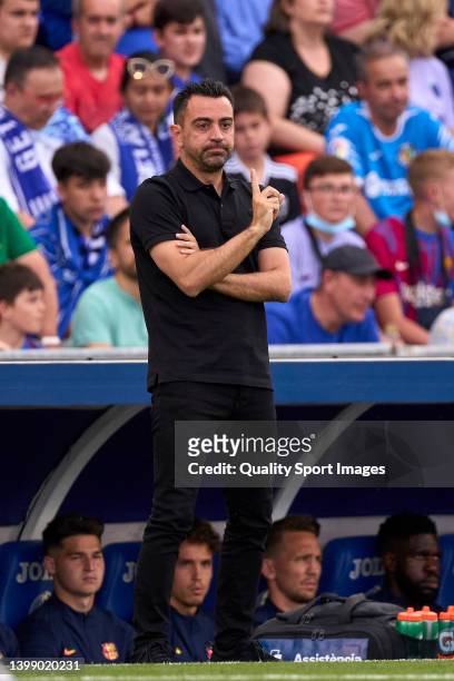 Xavi Hernandez head coach of FC Barcelona reacts during the LaLiga Santander match between Getafe CF and FC Barcelona at Coliseum Alfonso Perez on...
