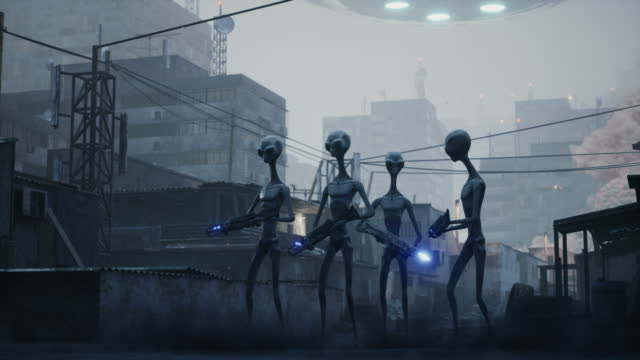 Aliens from deep space with fantastic weapons take over the planet. Apocalyptic atmosphere of a city being destroyed. The looped animation is perfect for apocalyptic, sci-fi and space backgrounds
