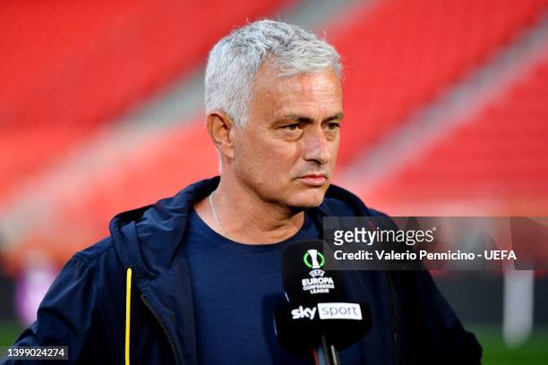 Jose Mourinho, Head Coach of AS Roma is interviewed by Sky Sport during the stadium walk-around at Arena Kombetare on May 24, 2022 in Tirana,...