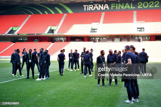 The AS Roma team inspect the pitch during the stadium walk-around at Arena Kombetare on May 24, 2022 in Tirana, Albania. AS Roma will face Feyenoord...
