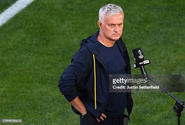 Jose Mourinho, Head Coach of AS Roma is interviewed during the stadium walk-around at Arena Kombetare on May 24, 2022 in Tirana, Albania. AS Roma...