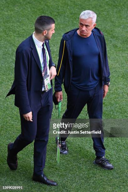 Jose Mourinho, Head Coach of AS Roma interacts with a member of staff during the stadium walk-around at Arena Kombetare on May 24, 2022 in Tirana,...