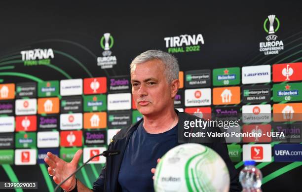 Jose Mourinho, Head Coach of AS Roma speaks during a press conference at Arena Kombetare on May 24, 2022 in Tirana, Albania. AS Roma will face...