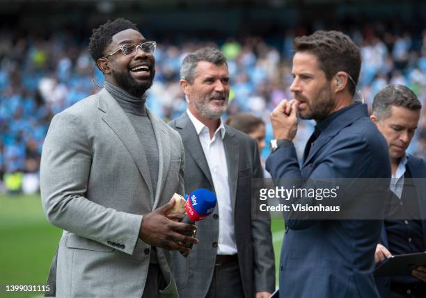 Sky Sports pundits Micha Richards, Roy Keane and Jamie Redknapp before the Premier League match between Manchester City and Aston Villa at Etihad...