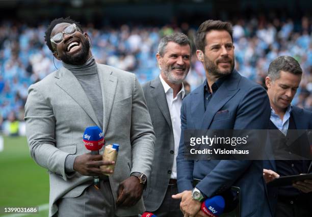 Sky Sports pundits Micha Richards, Roy Keane and Jamie Redknapp before the Premier League match between Manchester City and Aston Villa at Etihad...