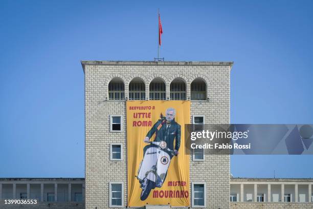 Banner dedicated to AS Roma coach Josè Mourinho is displayed in Piazza Madre Teresa on May 24, 2022 in Tirana, Albania. AS Roma will face Feyenoord...