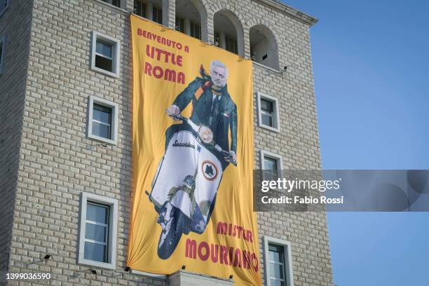 Banner dedicated to AS Roma coach Josè Mourinho displayed in Piazza Madre Teresa on May 24, 2022 in Tirana, Albania. AS Roma will face Feyenoord in...