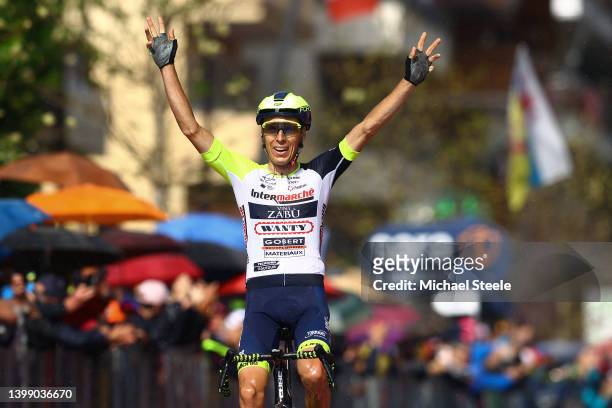 Jan Hirt of Czech Republic and Team Intermarché - Wanty - Gobert Matériaux celebrates at finish line as stage winner during the 105th Giro d'Italia...