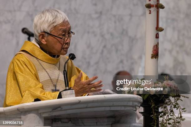 Cardinal Joseph Zen holds a mass at the Holy Cross Church on May 24, 2022 in Hong Kong, China. The former Catholic Cardinal and four other trustees...