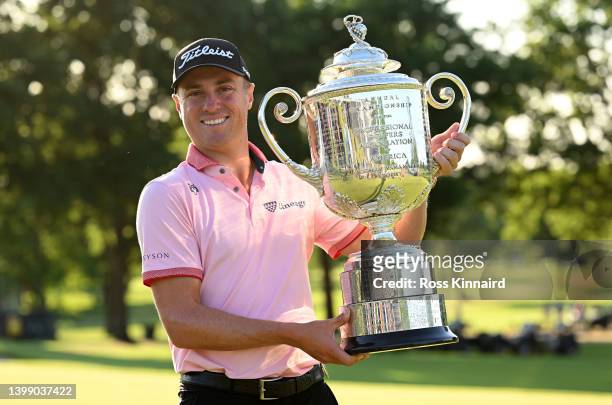 Justin Thomas of the USA celebrates with the Wanamaker Trophy after the final round of the PGA Championship at Southern Hills Country Club on May 22,...